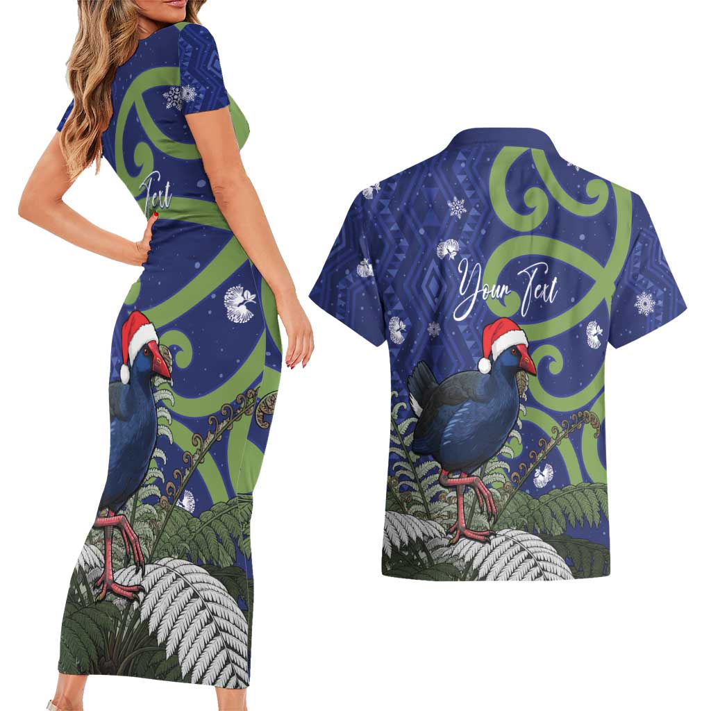 Personalized New Zealand Pukeko Christmas Couples Matching Short Sleeve Bodycon Dress and Hawaiian Shirt Meri Kirihimete Taniko Ponga Koru Blue - Polynesian Pride