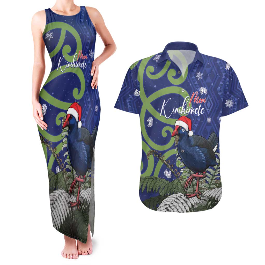 Personalized New Zealand Pukeko Christmas Couples Matching Tank Maxi Dress and Hawaiian Shirt Meri Kirihimete Taniko Ponga Koru Blue - Polynesian Pride