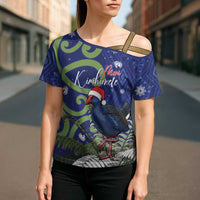 Personalized New Zealand Pukeko Christmas Cross Shoulder Shirt Meri Kirihimete Taniko Ponga Koru Blue - Polynesian Pride
