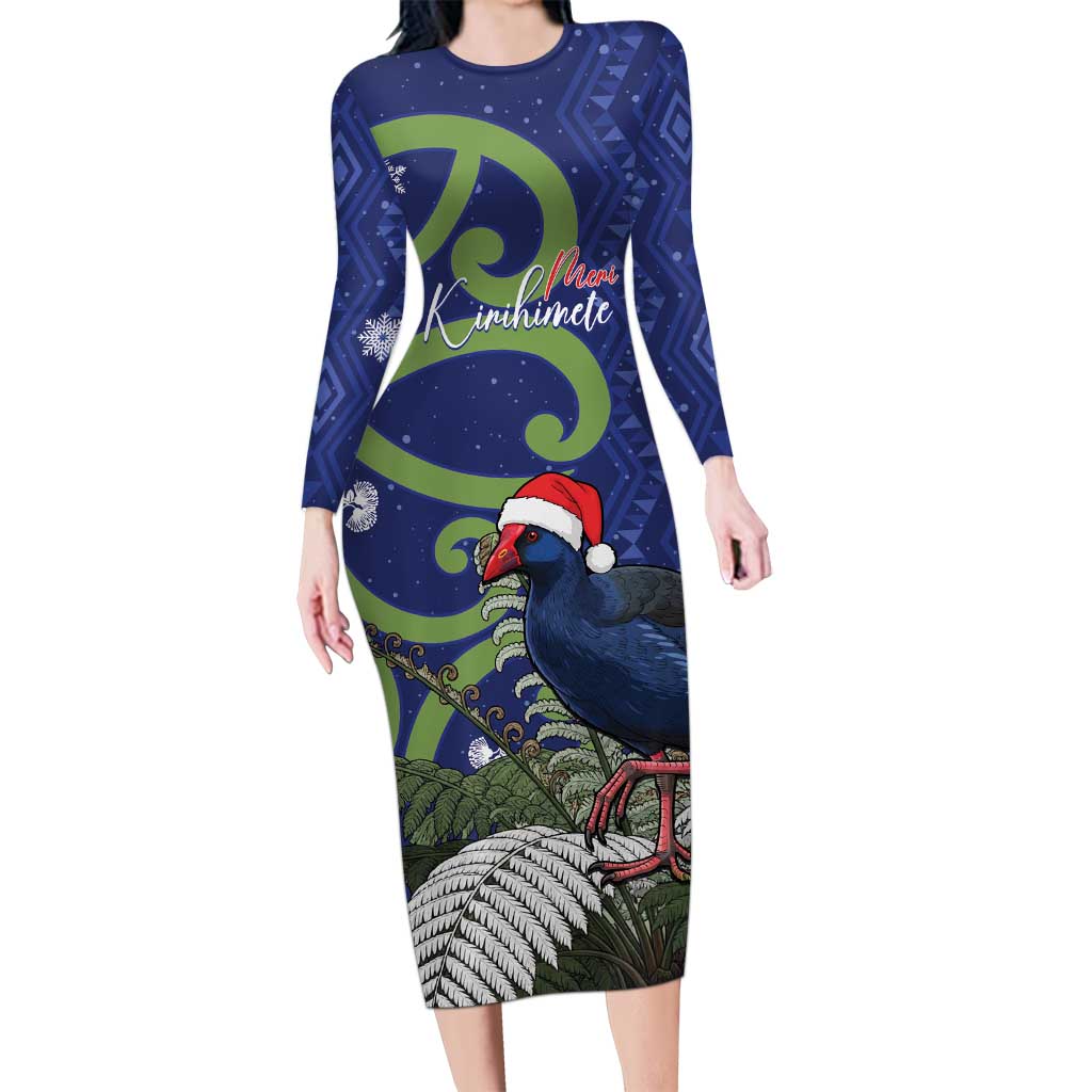 Personalized New Zealand Pukeko Christmas Family Matching Long Sleeve Bodycon Dress and Hawaiian Shirt Meri Kirihimete Taniko Ponga Koru Blue LT14 Mom's Dress Blue - Polynesian Pride