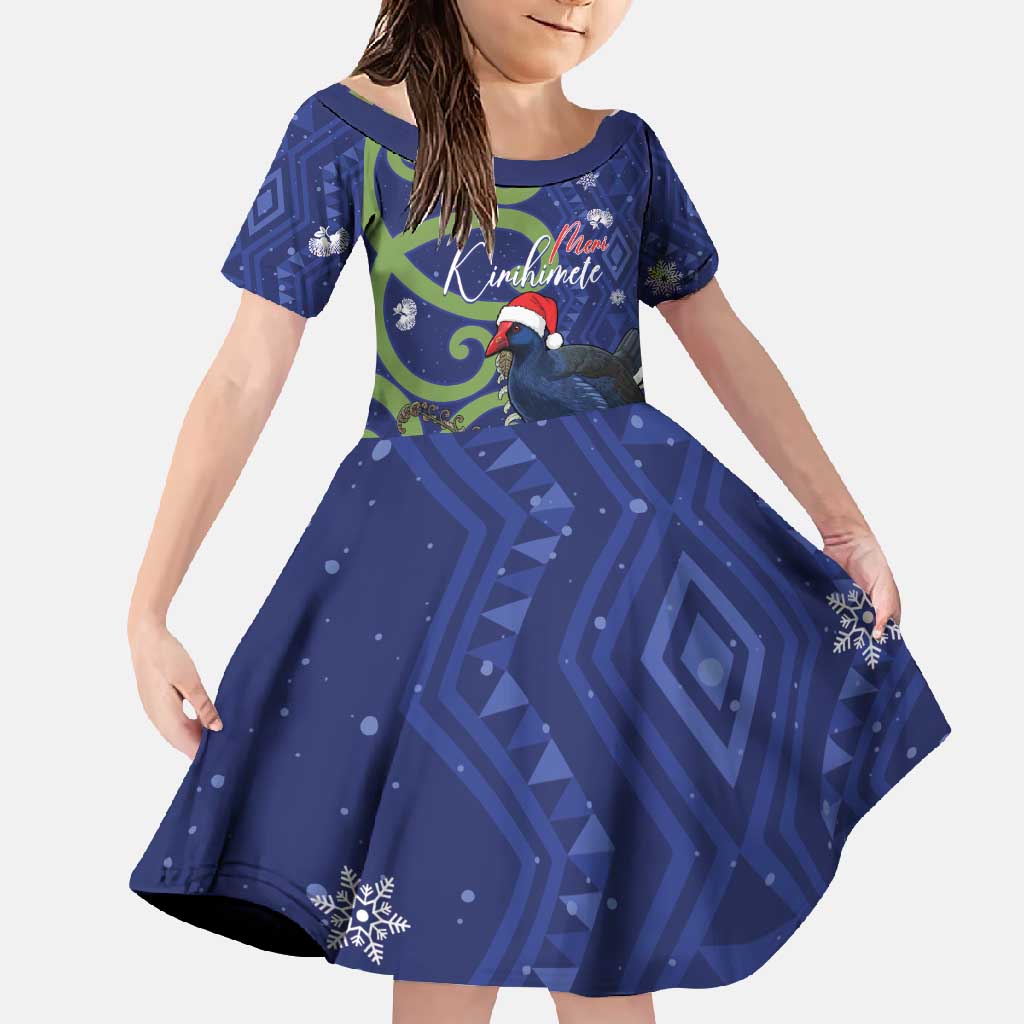 Personalized New Zealand Pukeko Christmas Family Matching Mermaid Dress and Hawaiian Shirt Meri Kirihimete Taniko Ponga Koru Blue LT14 Daughter's Dress Blue - Polynesian Pride