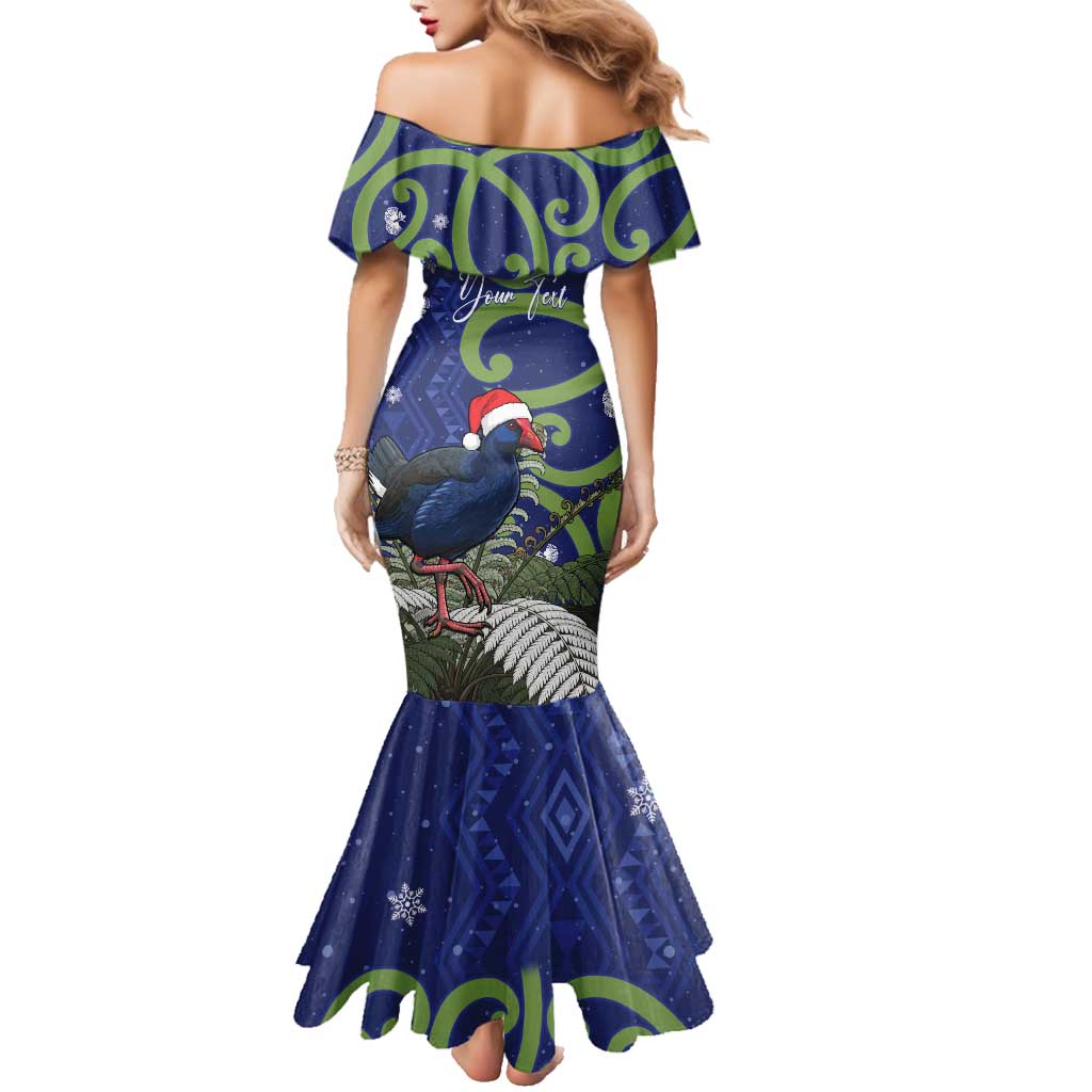 Personalized New Zealand Pukeko Christmas Family Matching Mermaid Dress and Hawaiian Shirt Meri Kirihimete Taniko Ponga Koru Blue LT14 - Polynesian Pride