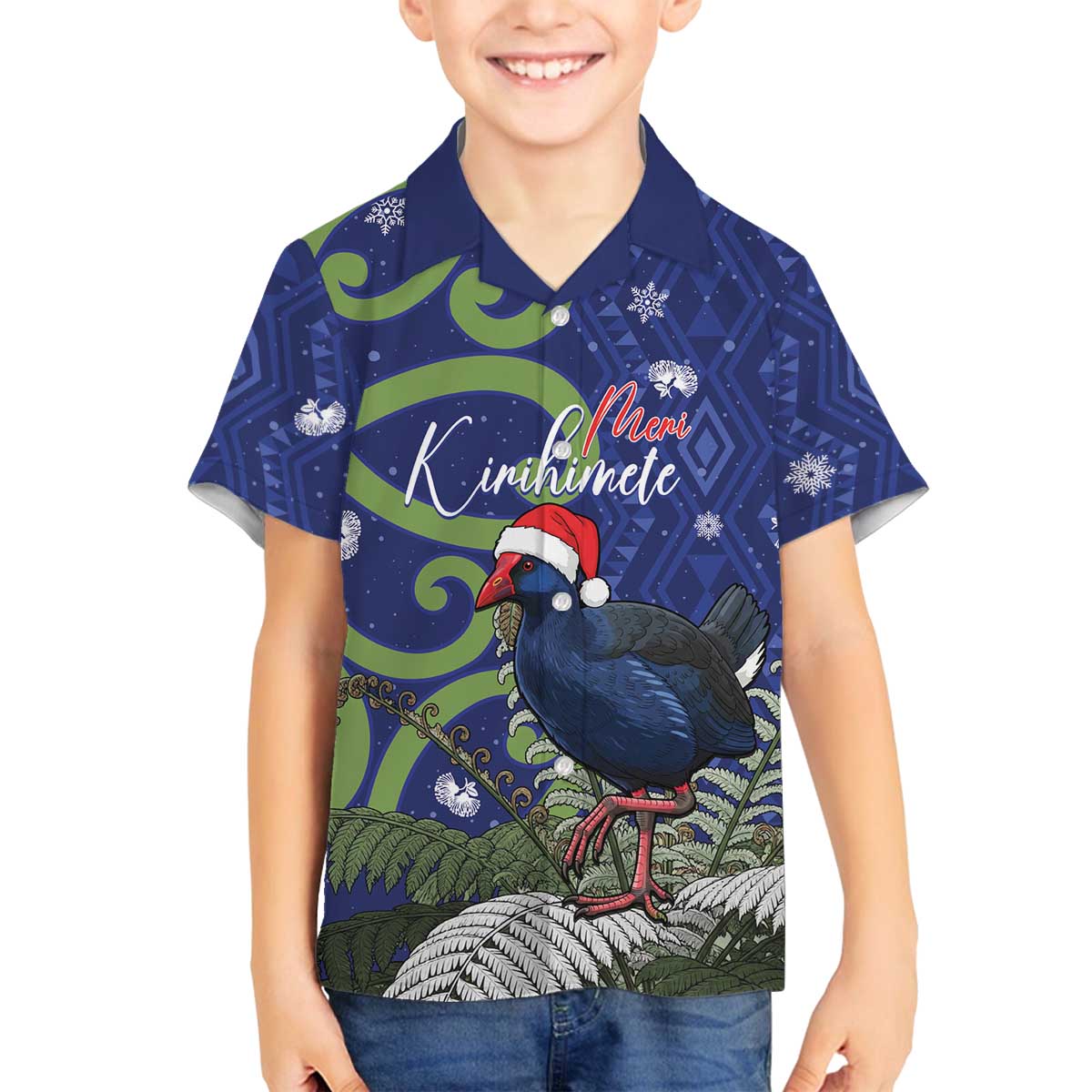 Personalized New Zealand Pukeko Christmas Family Matching Off The Shoulder Long Sleeve Dress and Hawaiian Shirt Meri Kirihimete Taniko Ponga Koru Blue - Polynesian Pride