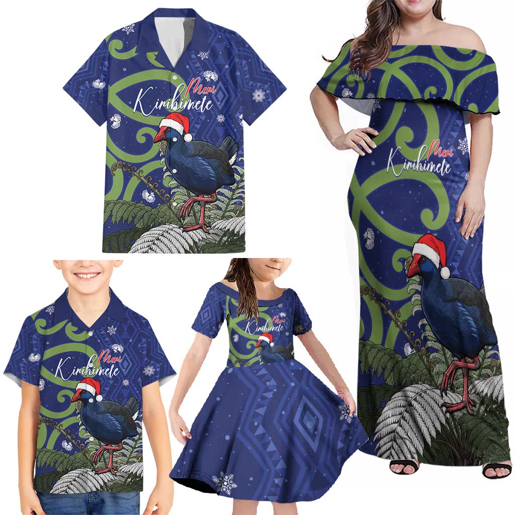 Personalized New Zealand Pukeko Christmas Family Matching Off Shoulder Maxi Dress and Hawaiian Shirt Meri Kirihimete Taniko Ponga Koru Blue LT14 - Polynesian Pride
