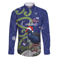 Personalized New Zealand Pukeko Christmas Family Matching Off Shoulder Maxi Dress and Hawaiian Shirt Meri Kirihimete Taniko Ponga Koru Blue LT14 Dad's Shirt - Long Sleeve Blue - Polynesian Pride