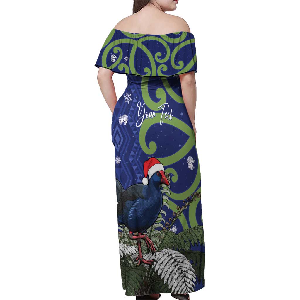 Personalized New Zealand Pukeko Christmas Family Matching Off Shoulder Maxi Dress and Hawaiian Shirt Meri Kirihimete Taniko Ponga Koru Blue LT14 - Polynesian Pride