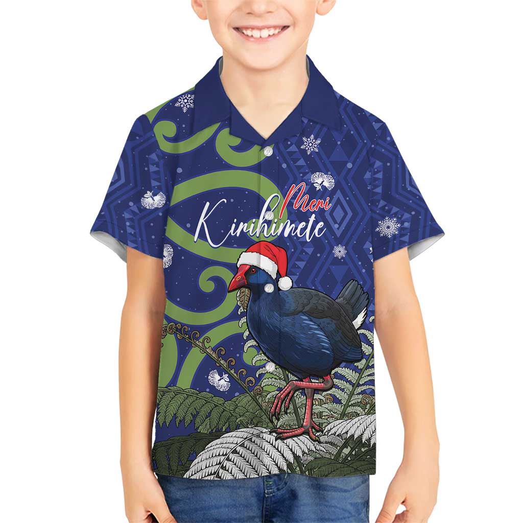 Personalized New Zealand Pukeko Christmas Family Matching Off Shoulder Maxi Dress and Hawaiian Shirt Meri Kirihimete Taniko Ponga Koru Blue LT14 Son's Shirt Blue - Polynesian Pride
