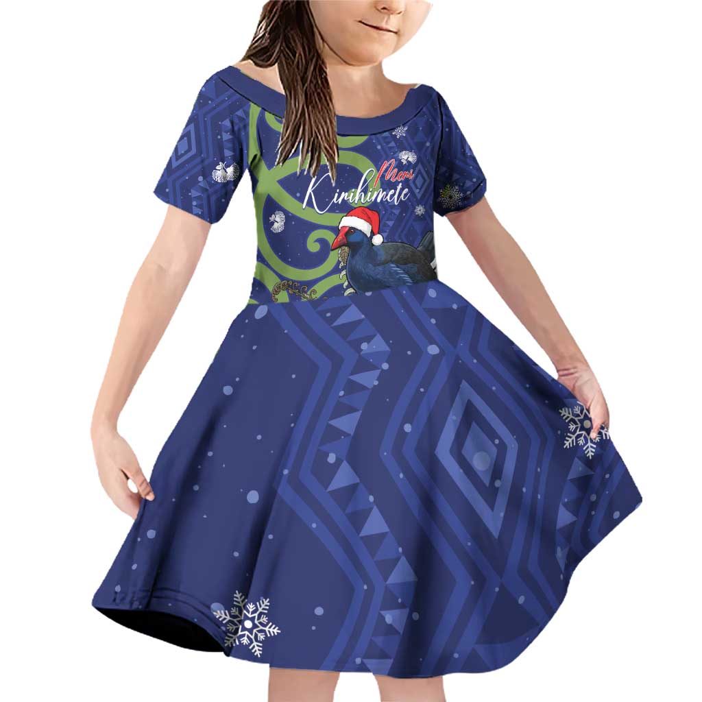 Personalized New Zealand Pukeko Christmas Family Matching Off Shoulder Short Dress and Hawaiian Shirt Meri Kirihimete Taniko Ponga Koru Blue LT14 Daughter's Dress Blue - Polynesian Pride