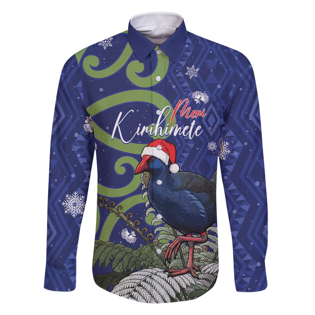 Personalized New Zealand Pukeko Christmas Family Matching Off Shoulder Short Dress and Hawaiian Shirt Meri Kirihimete Taniko Ponga Koru Blue LT14 Dad's Shirt - Long Sleeve Blue - Polynesian Pride