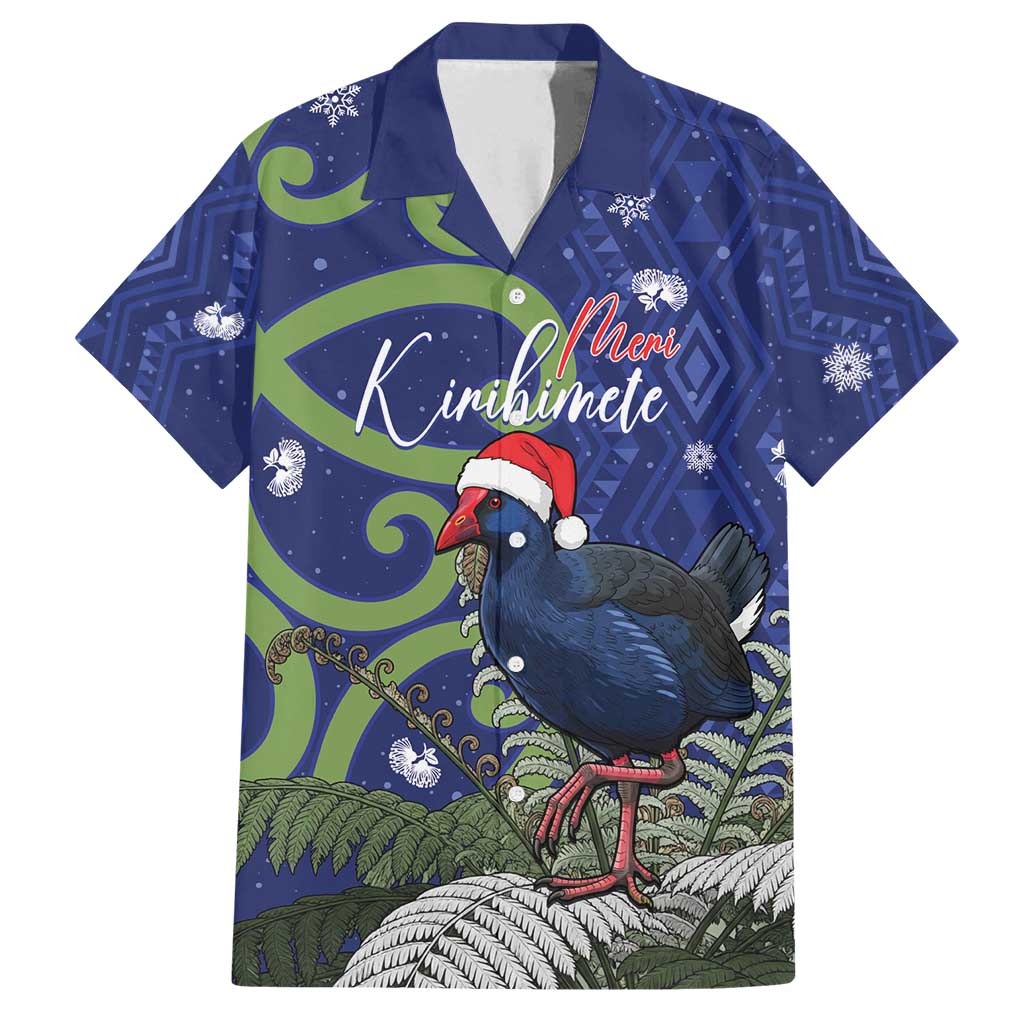 Personalized New Zealand Pukeko Christmas Family Matching Puletasi and Hawaiian Shirt Meri Kirihimete Taniko Ponga Koru Blue LT14 Dad's Shirt - Short Sleeve Blue - Polynesian Pride