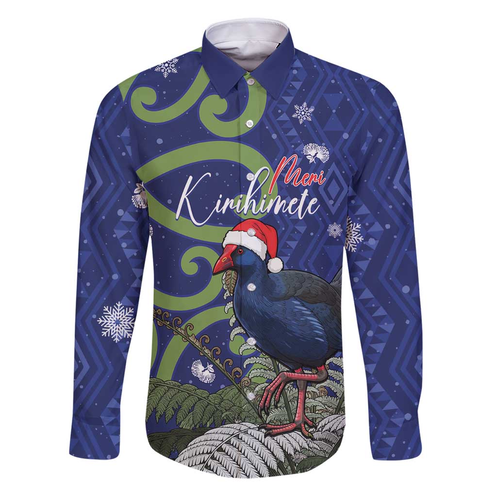 Personalized New Zealand Pukeko Christmas Family Matching Puletasi and Hawaiian Shirt Meri Kirihimete Taniko Ponga Koru Blue LT14 Dad's Shirt - Long Sleeve Blue - Polynesian Pride