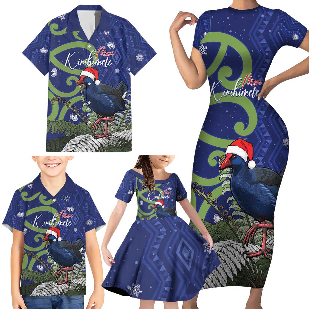 Personalized New Zealand Pukeko Christmas Family Matching Short Sleeve Bodycon Dress and Hawaiian Shirt Meri Kirihimete Taniko Ponga Koru Blue - Polynesian Pride