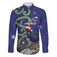 Personalized New Zealand Pukeko Christmas Family Matching Short Sleeve Bodycon Dress and Hawaiian Shirt Meri Kirihimete Taniko Ponga Koru Blue LT14 Dad's Shirt - Long Sleeve Blue - Polynesian Pride