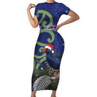 Personalized New Zealand Pukeko Christmas Family Matching Short Sleeve Bodycon Dress and Hawaiian Shirt Meri Kirihimete Taniko Ponga Koru Blue LT14 Mom's Dress Blue - Polynesian Pride