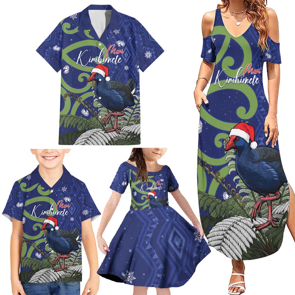 Personalized New Zealand Pukeko Christmas Family Matching Summer Maxi Dress and Hawaiian Shirt Meri Kirihimete Taniko Ponga Koru Blue LT14 - Polynesian Pride