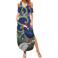 Personalized New Zealand Pukeko Christmas Family Matching Summer Maxi Dress and Hawaiian Shirt Meri Kirihimete Taniko Ponga Koru Blue LT14 Mom's Dress Blue - Polynesian Pride