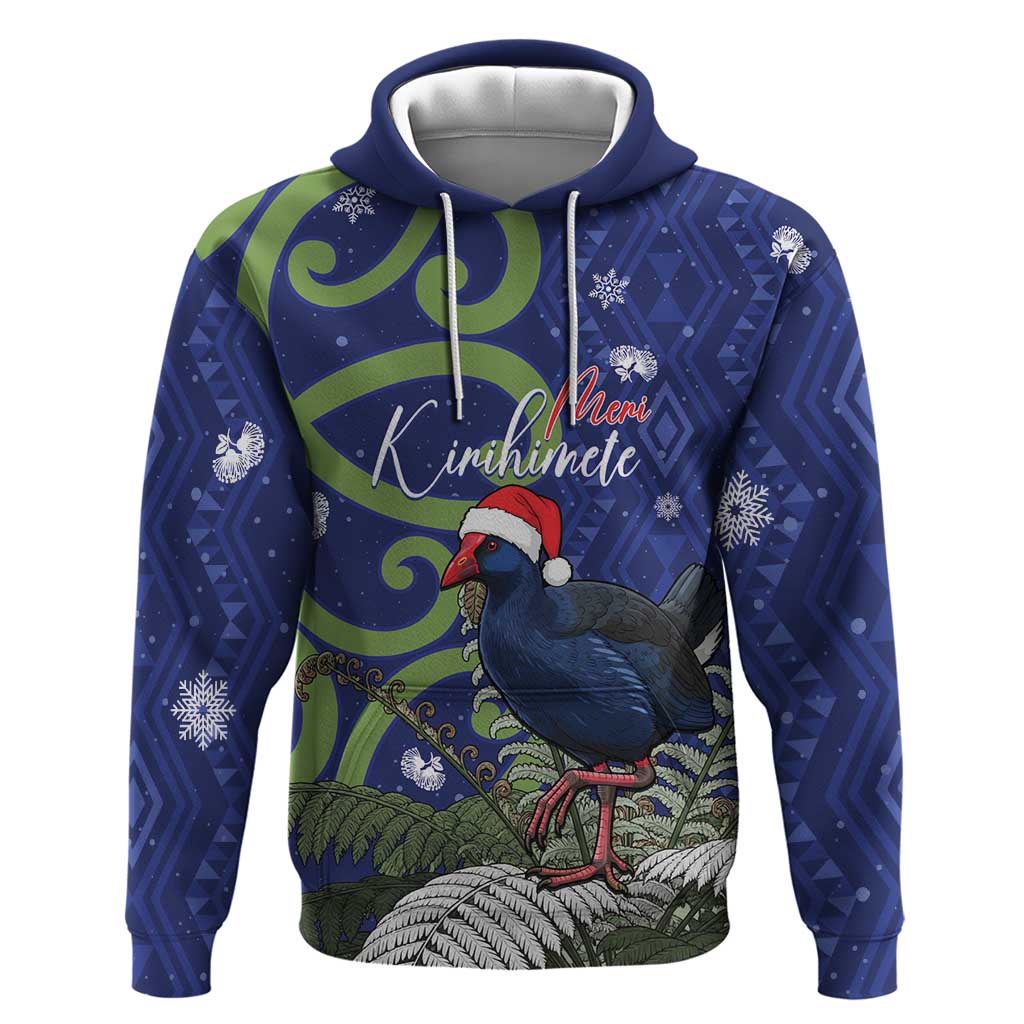 Personalized New Zealand Pukeko Christmas Hoodie Meri Kirihimete Taniko Ponga Koru Blue - Polynesian Pride