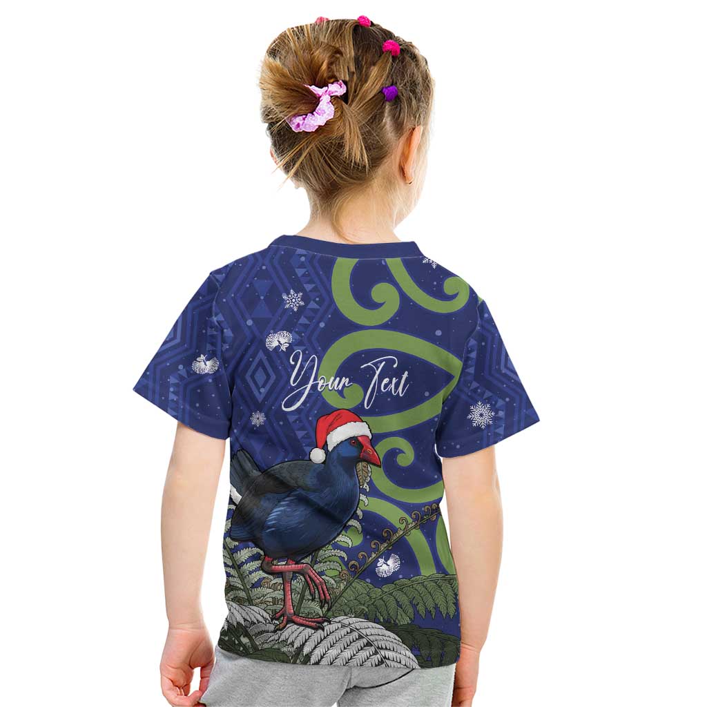 Personalized New Zealand Pukeko Christmas Kid T Shirt Meri Kirihimete Taniko Ponga Koru Blue - Polynesian Pride