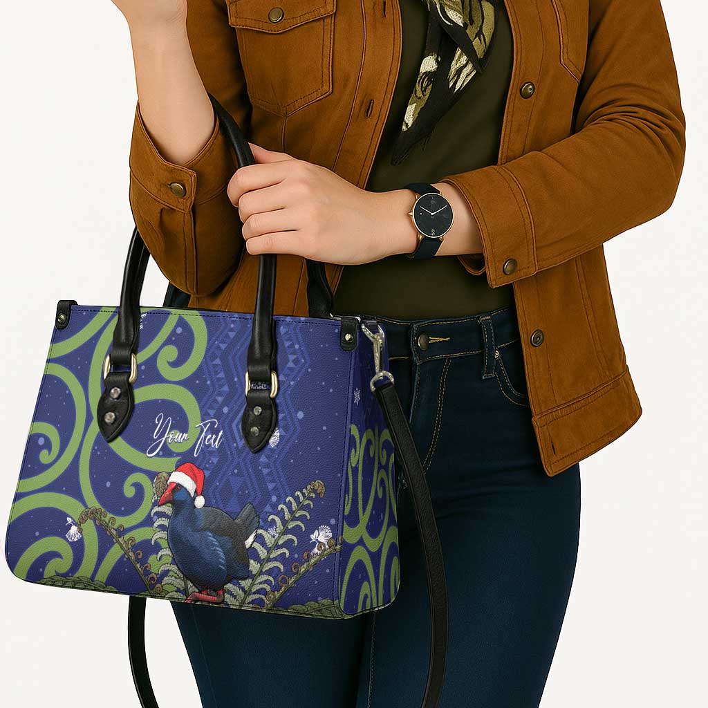 Personalized New Zealand Pukeko Christmas Leather Bag Meri Kirihimete Taniko Ponga Koru Blue - Polynesian Pride