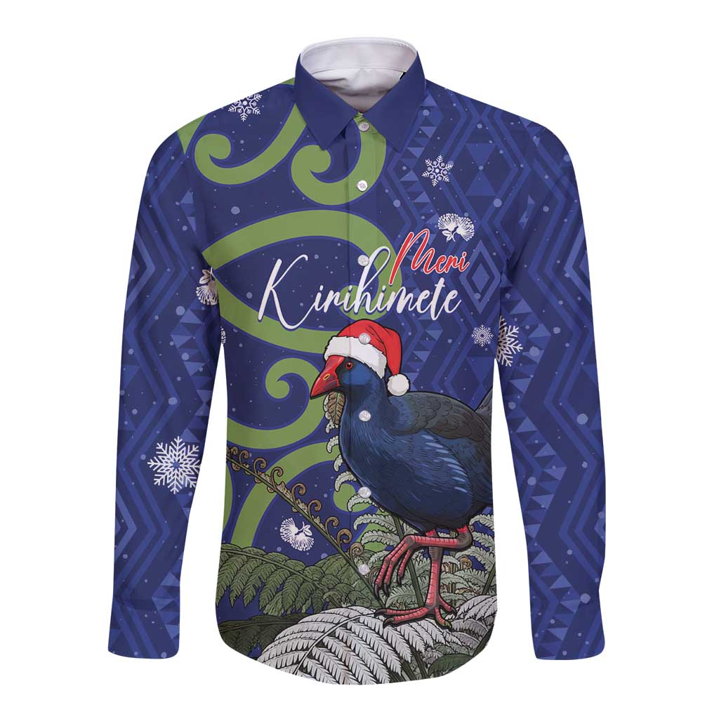 Personalized New Zealand Pukeko Christmas Long Sleeve Button Shirt Meri Kirihimete Taniko Ponga Koru Blue - Polynesian Pride