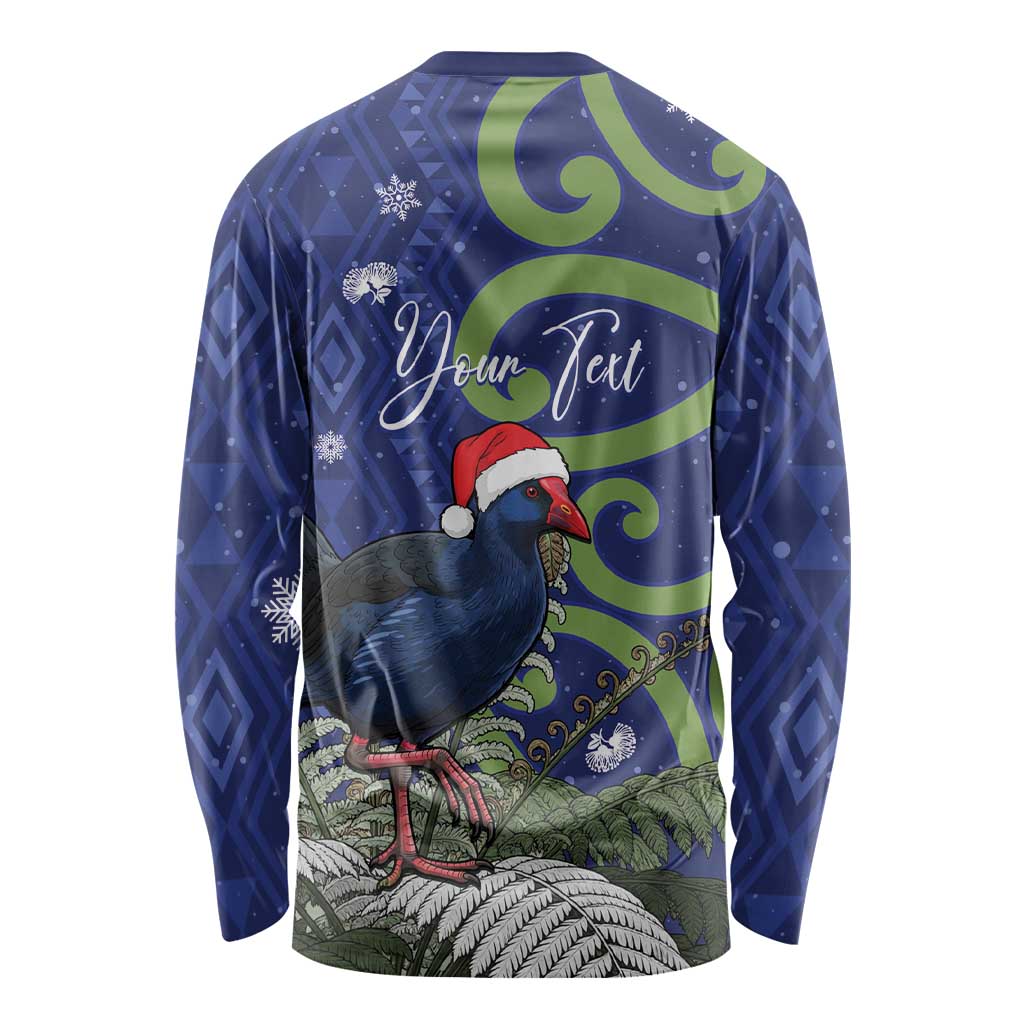 Personalized New Zealand Pukeko Christmas Long Sleeve Shirt Meri Kirihimete Taniko Ponga Koru Blue - Polynesian Pride