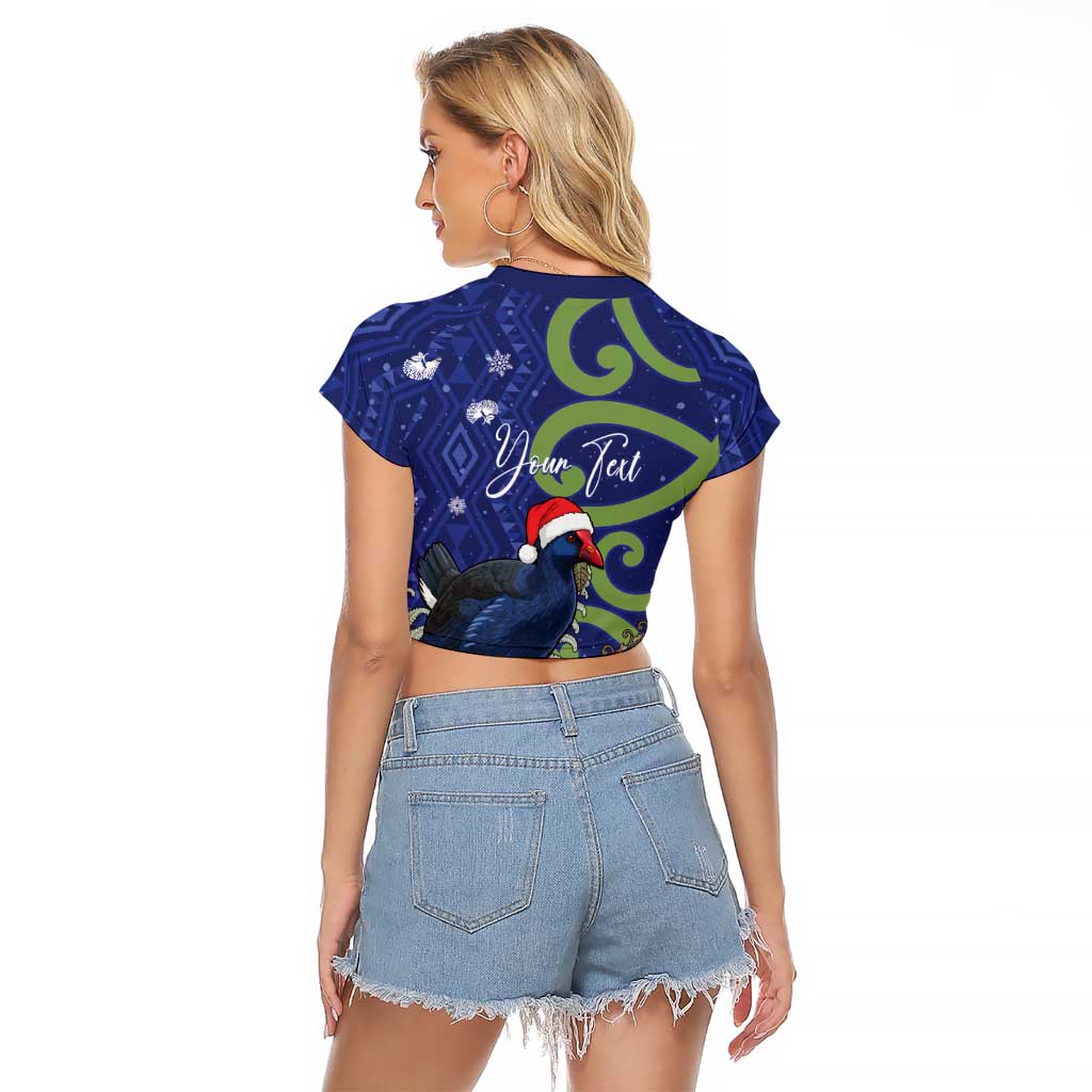 Personalized New Zealand Pukeko Christmas Raglan Cropped T Shirt Meri Kirihimete Taniko Ponga Koru Blue - Polynesian Pride