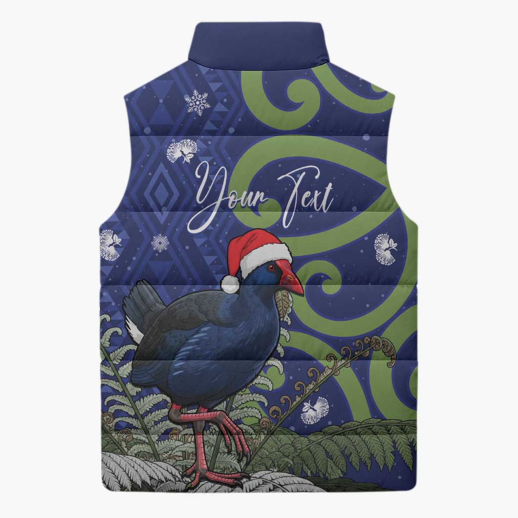 Personalized New Zealand Pukeko Christmas Sleeveless Puffer Jacket Meri Kirihimete Taniko Ponga Koru Blue - Polynesian Pride