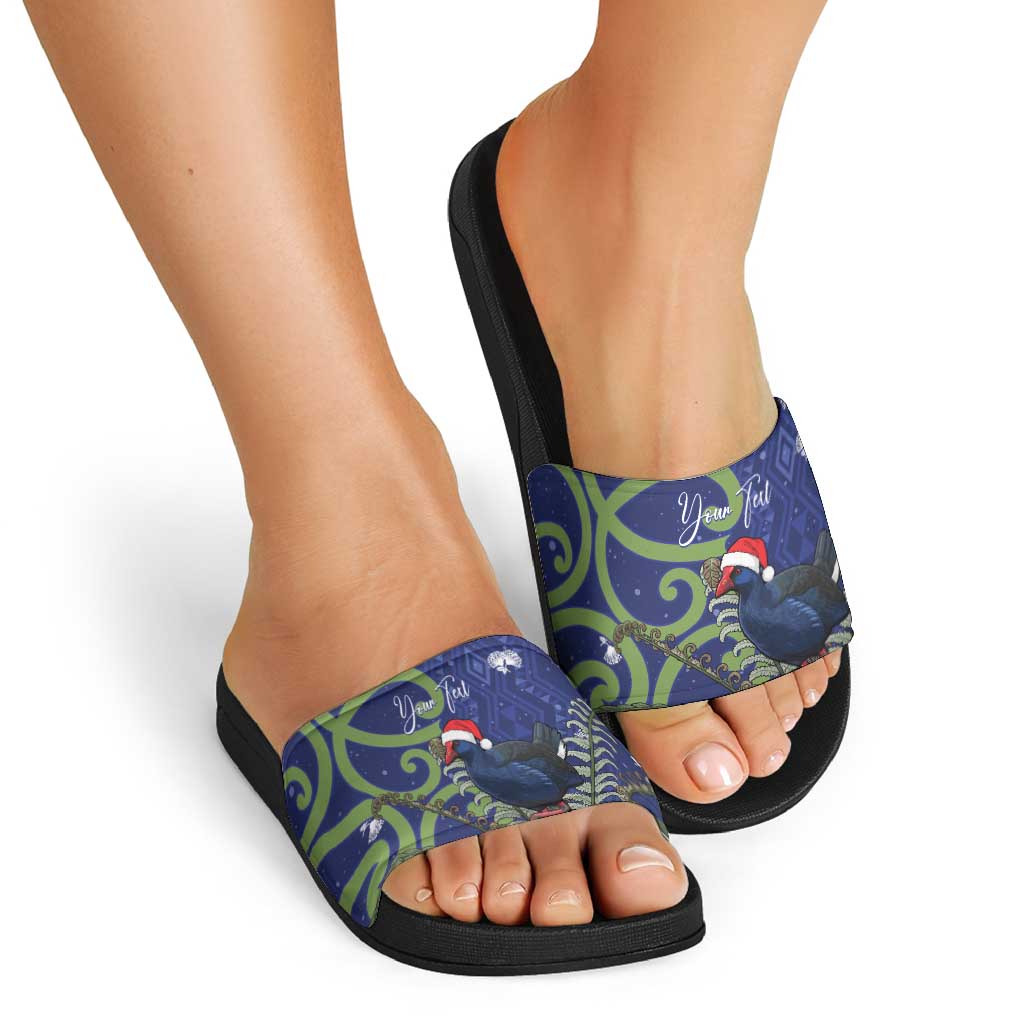 Personalized New Zealand Pukeko Christmas Slide Sandals Meri Kirihimete Taniko Ponga Koru Blue - Polynesian Pride
