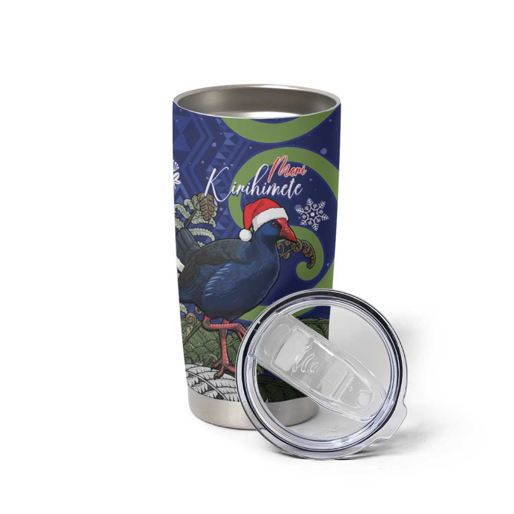 Personalized New Zealand Pukeko Christmas Tumbler Cup Meri Kirihimete Taniko Ponga Koru Blue - Polynesian Pride