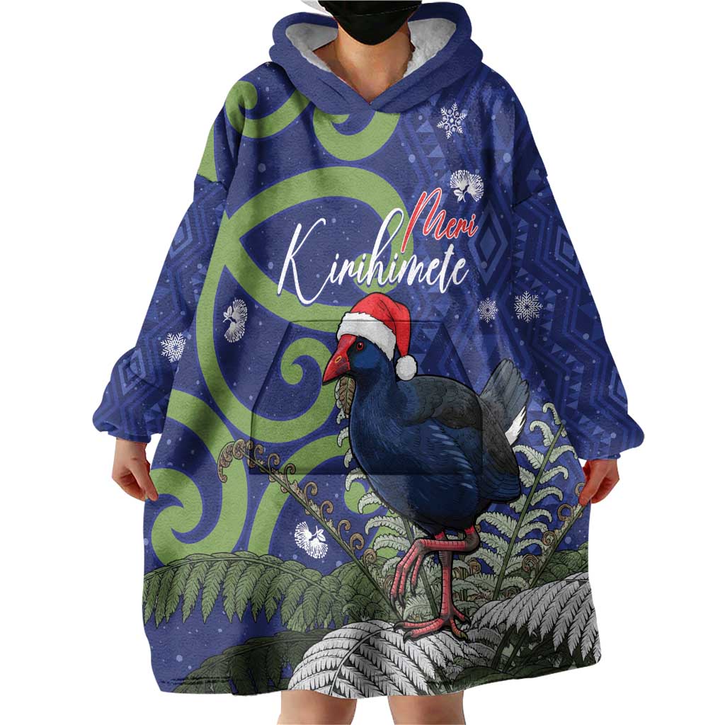 Personalized New Zealand Pukeko Christmas Wearable Blanket Hoodie Meri Kirihimete Taniko Ponga Koru Blue - Polynesian Pride