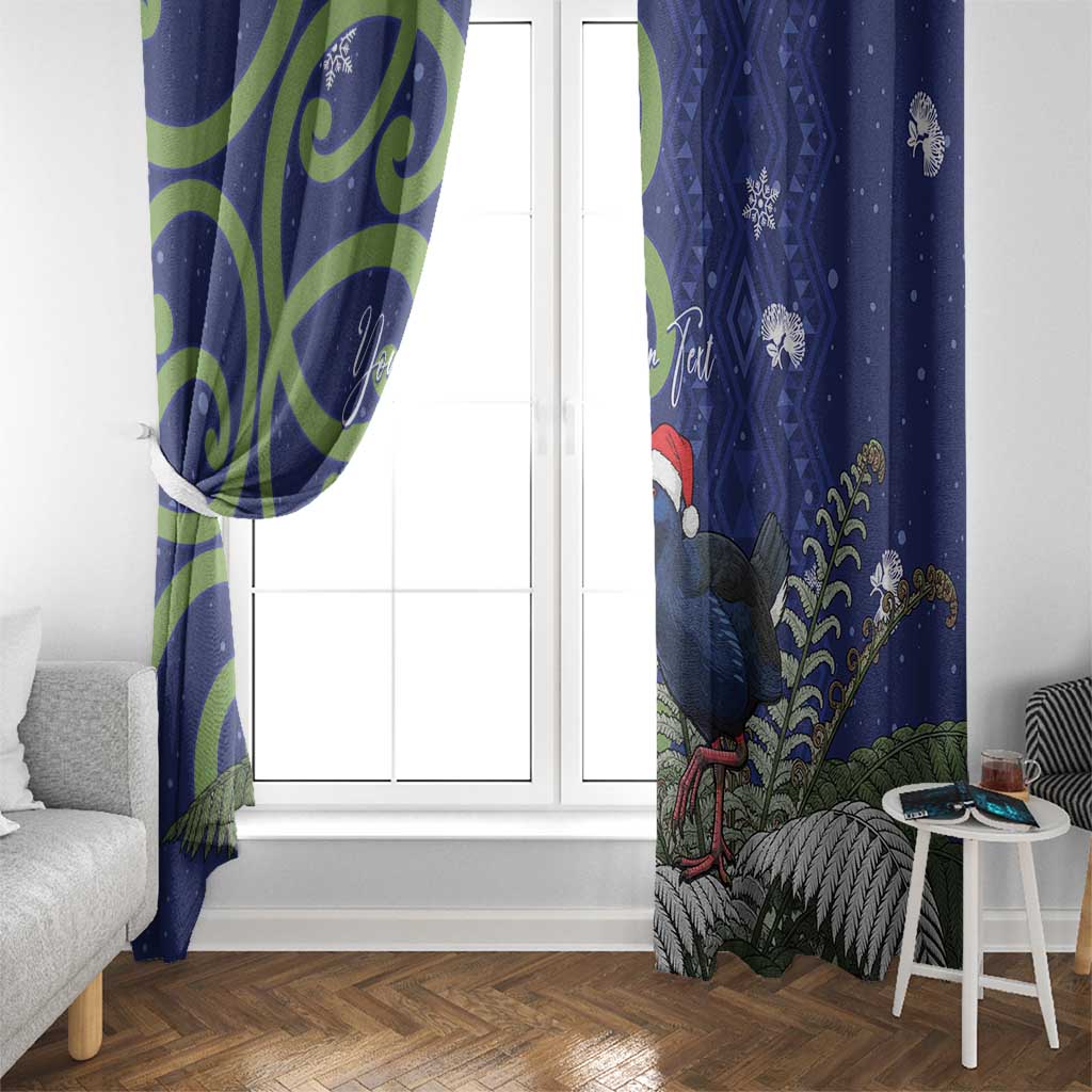 Personalized New Zealand Pukeko Christmas Window Curtain Meri Kirihimete Taniko Ponga Koru Blue - Polynesian Pride