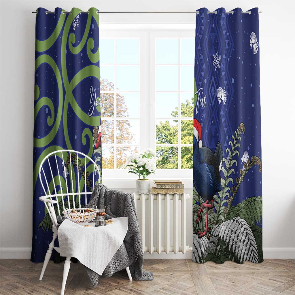 Personalized New Zealand Pukeko Christmas Window Curtain Meri Kirihimete Taniko Ponga Koru Blue - Polynesian Pride