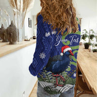 Personalized New Zealand Pukeko Christmas Women Casual Shirt Meri Kirihimete Taniko Ponga Koru Blue - Polynesian Pride