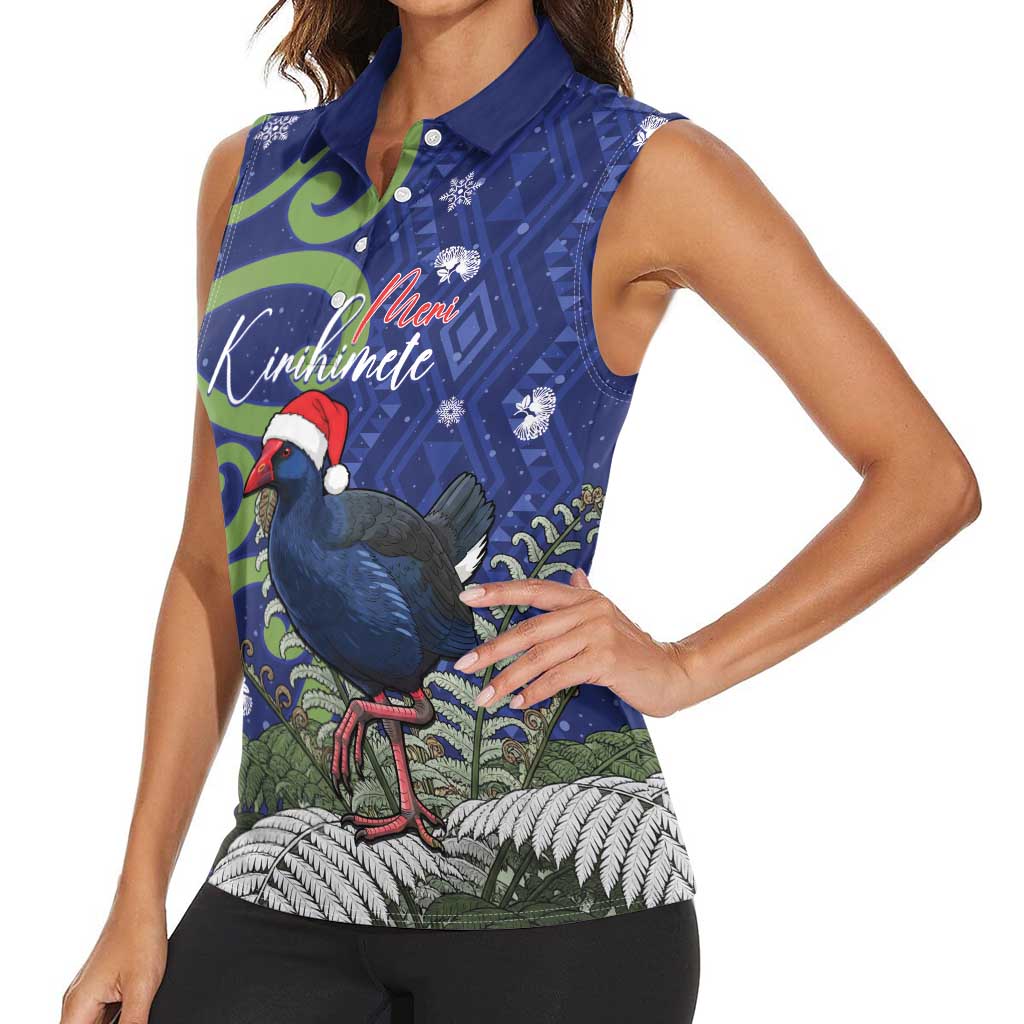 Personalized New Zealand Pukeko Christmas Women Sleeveless Polo Shirt Meri Kirihimete Taniko Ponga Koru Blue LT14 - Polynesian Pride
