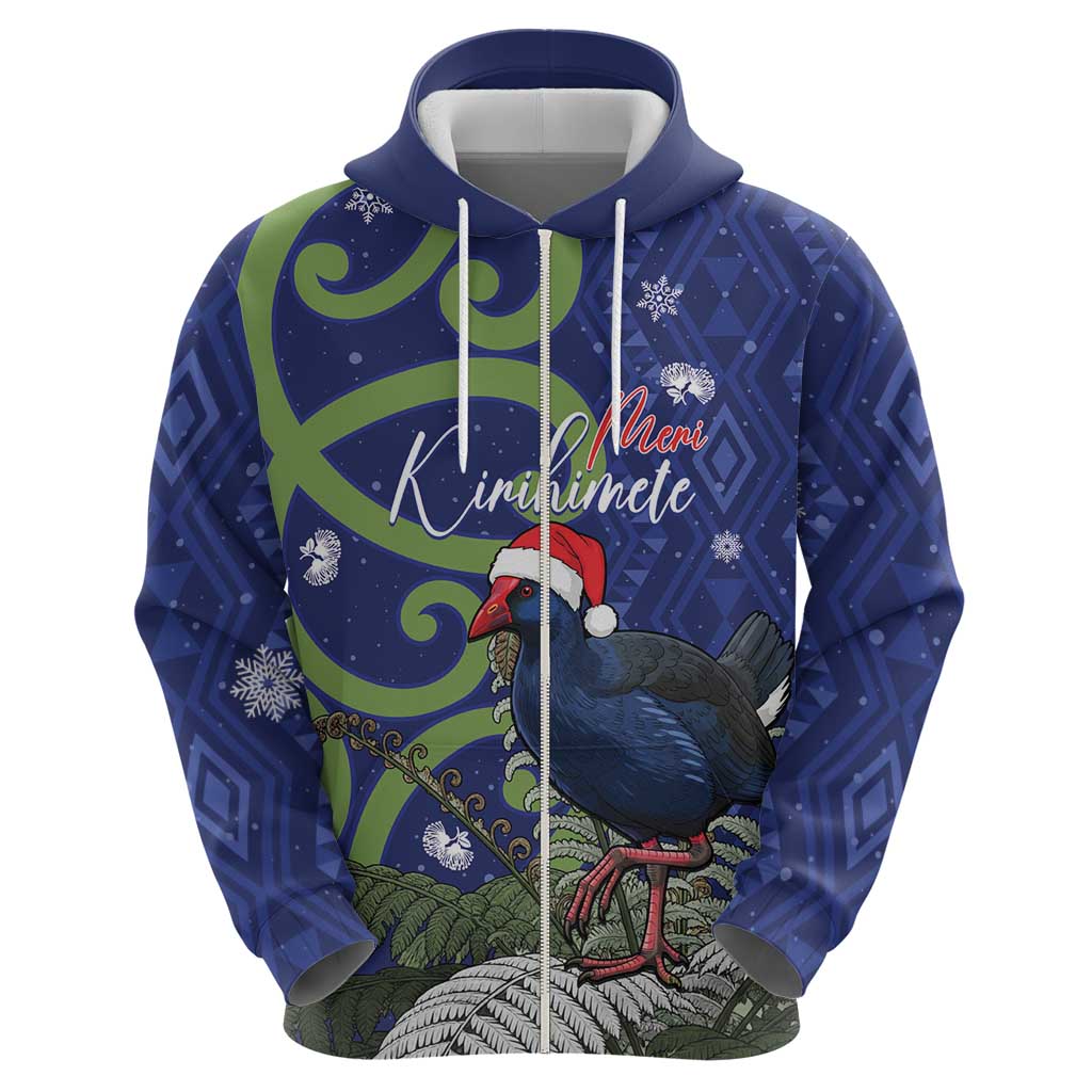 Personalized New Zealand Pukeko Christmas Zip Hoodie Meri Kirihimete Taniko Ponga Koru Blue - Polynesian Pride