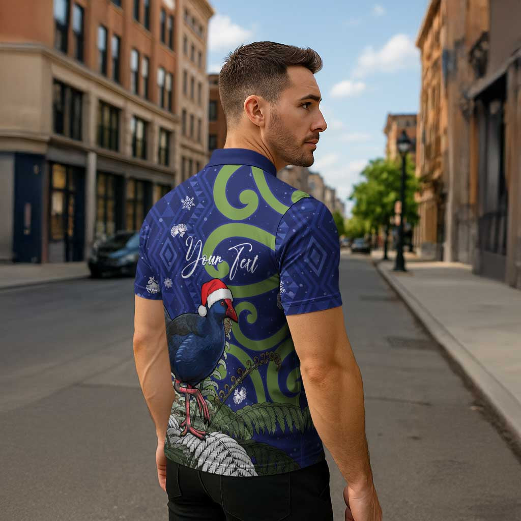 Personalized New Zealand Pukeko Christmas Zipper Polo Shirt Meri Kirihimete Taniko Ponga Koru Blue - Polynesian Pride