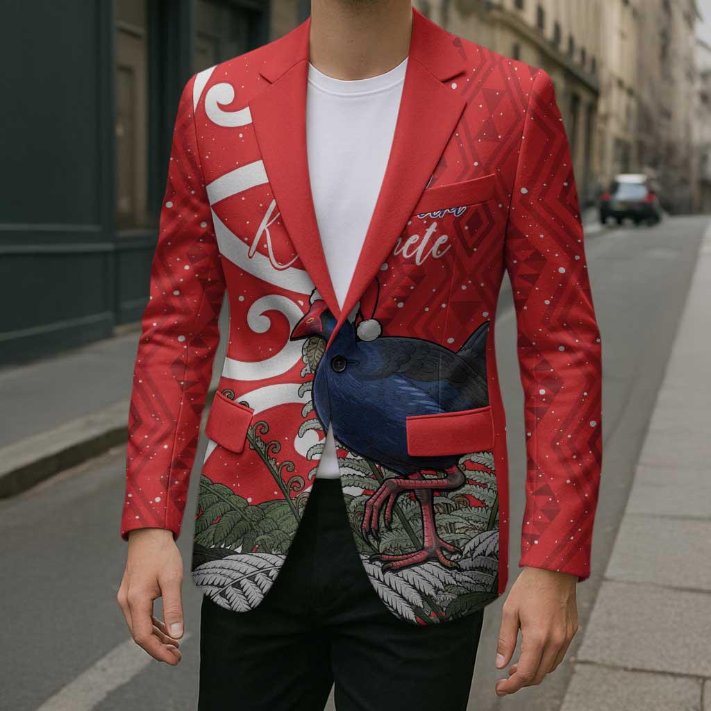 Personalized New Zealand Pukeko Christmas Blazer Meri Kirihimete Taniko Ponga Koru Red - Polynesian Pride