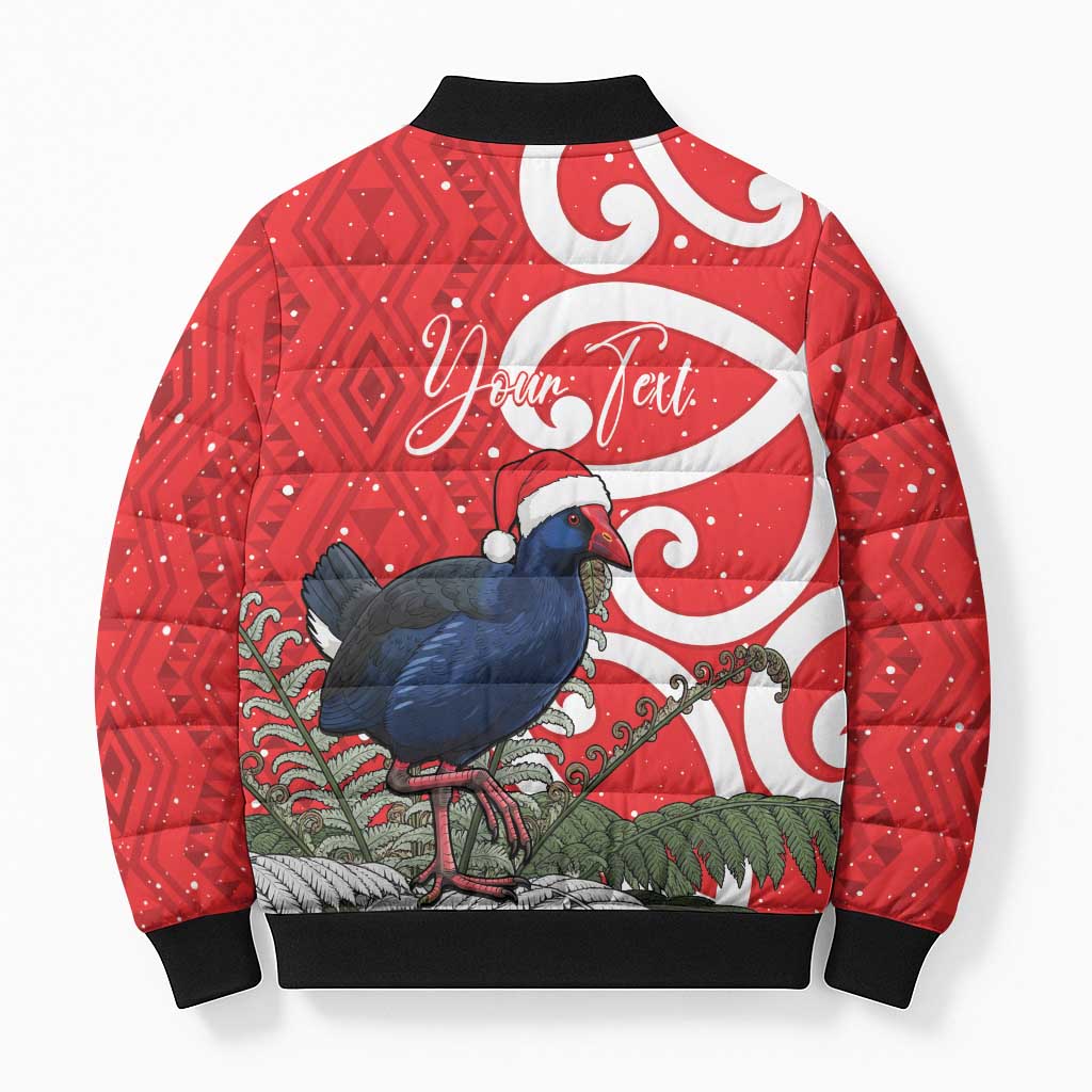 Personalized New Zealand Pukeko Christmas Bomber Puffer Jacket Meri Kirihimete Taniko Ponga Koru Red - Polynesian Pride