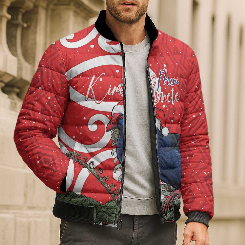 Personalized New Zealand Pukeko Christmas Bomber Puffer Jacket Meri Kirihimete Taniko Ponga Koru Red - Polynesian Pride