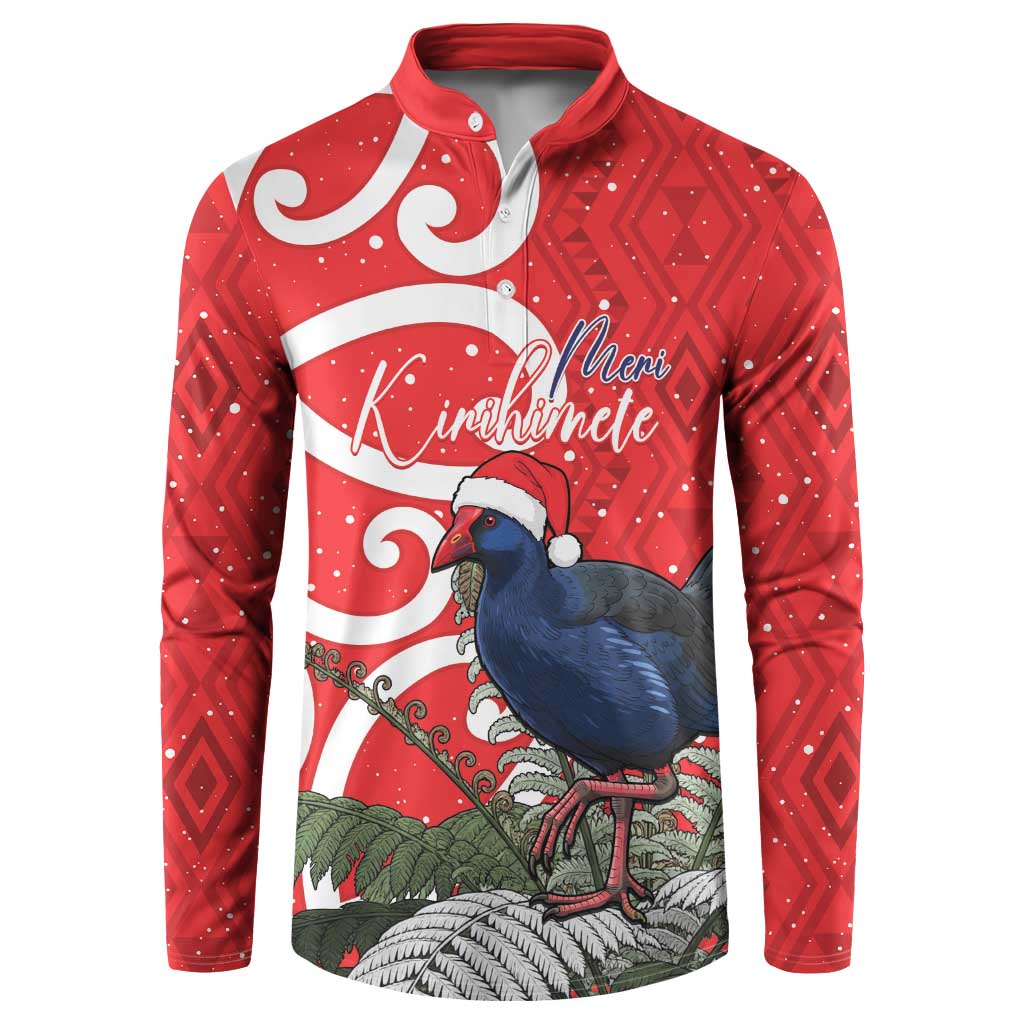 Personalized New Zealand Pukeko Christmas Button Sweatshirt Meri Kirihimete Taniko Ponga Koru Red - Polynesian Pride