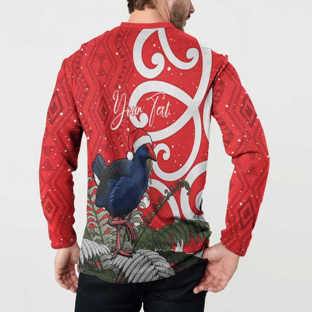 Personalized New Zealand Pukeko Christmas Button Sweatshirt Meri Kirihimete Taniko Ponga Koru Red - Polynesian Pride