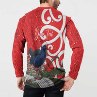 Personalized New Zealand Pukeko Christmas Button Sweatshirt Meri Kirihimete Taniko Ponga Koru Red - Polynesian Pride