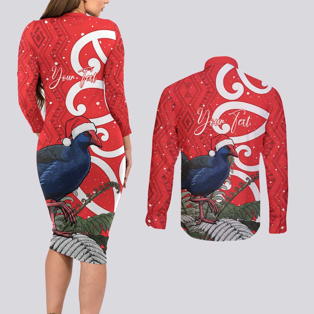 Personalized New Zealand Pukeko Christmas Couples Matching Long Sleeve Bodycon Dress and Long Sleeve Button Shirt Meri Kirihimete Taniko Ponga Koru Red - Polynesian Pride