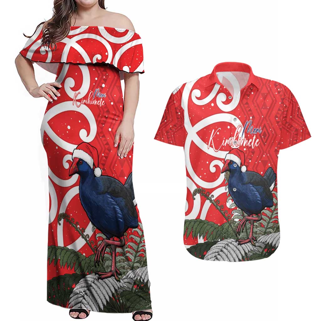 Personalized New Zealand Pukeko Christmas Couples Matching Off Shoulder Maxi Dress and Hawaiian Shirt Meri Kirihimete Taniko Ponga Koru Red LT14 Red - Polynesian Pride