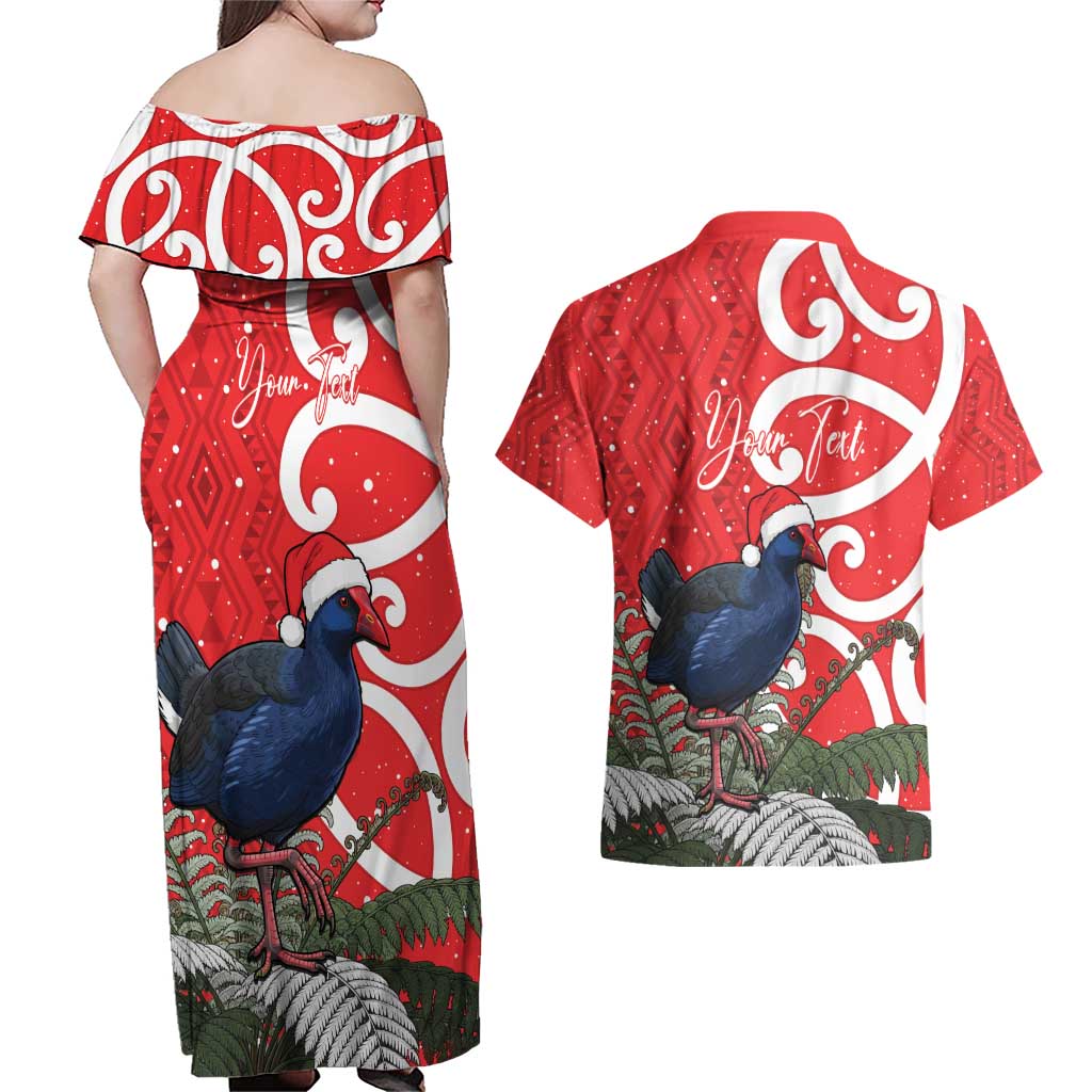 Personalized New Zealand Pukeko Christmas Couples Matching Off Shoulder Maxi Dress and Hawaiian Shirt Meri Kirihimete Taniko Ponga Koru Red LT14 - Polynesian Pride
