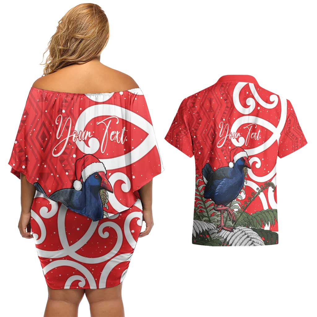 Personalized New Zealand Pukeko Christmas Couples Matching Off Shoulder Short Dress and Hawaiian Shirt Meri Kirihimete Taniko Ponga Koru Red LT14 - Polynesian Pride