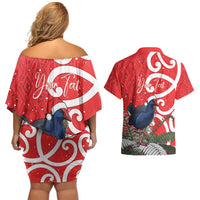 Personalized New Zealand Pukeko Christmas Couples Matching Off Shoulder Short Dress and Hawaiian Shirt Meri Kirihimete Taniko Ponga Koru Red LT14 - Polynesian Pride