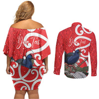 Personalized New Zealand Pukeko Christmas Couples Matching Off Shoulder Short Dress and Long Sleeve Button Shirt Meri Kirihimete Taniko Ponga Koru Red - Polynesian Pride