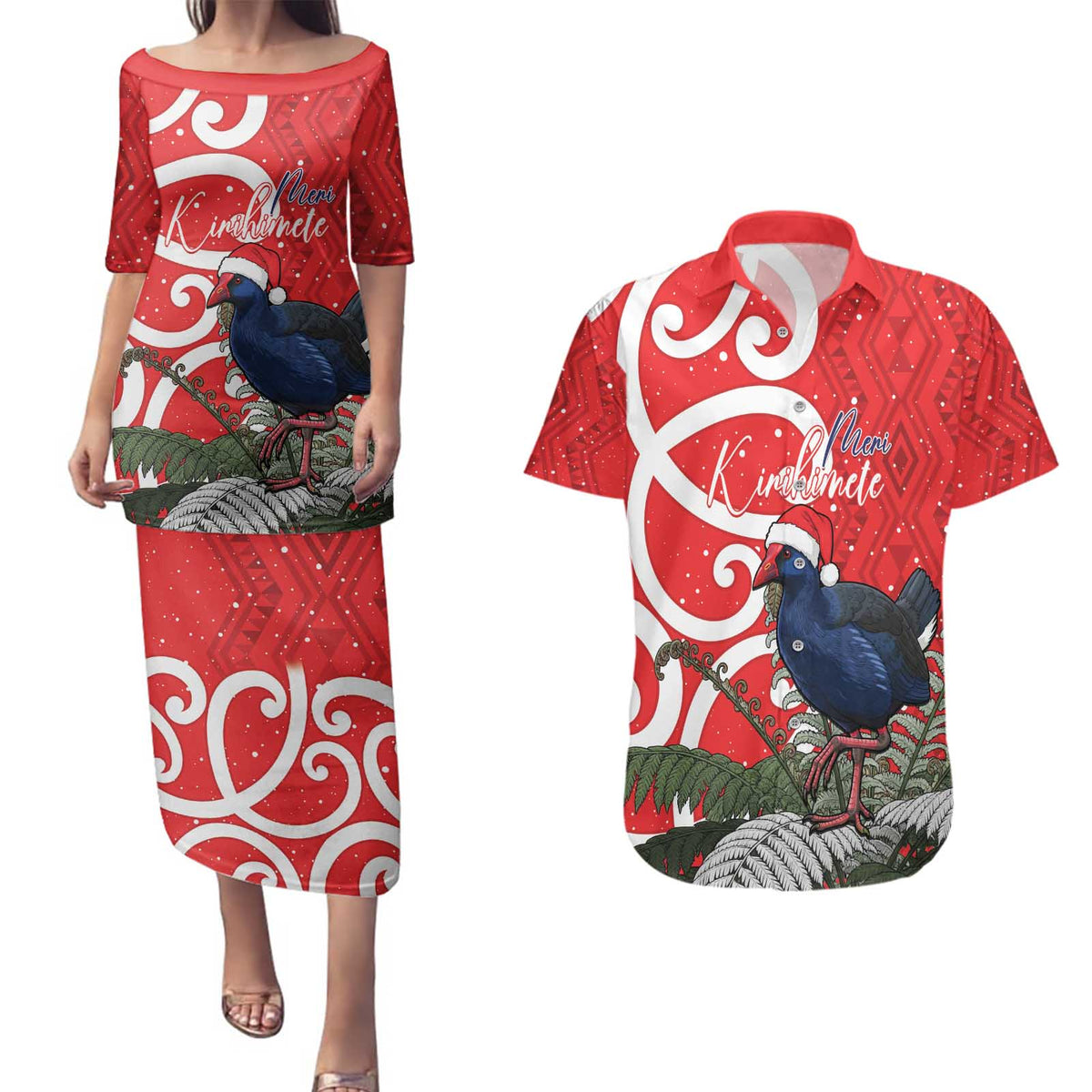 Personalized New Zealand Pukeko Christmas Couples Matching Puletasi and Hawaiian Shirt Meri Kirihimete Taniko Ponga Koru Red - Polynesian Pride