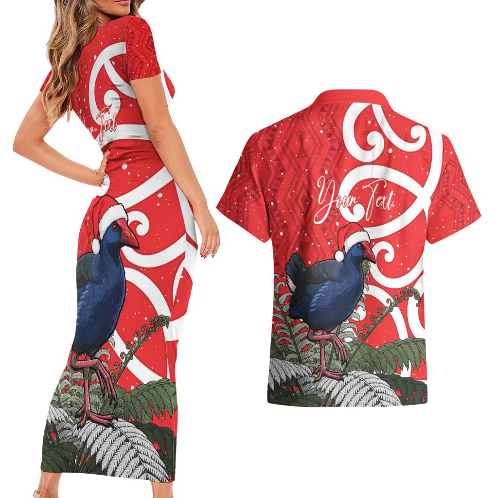 Personalized New Zealand Pukeko Christmas Couples Matching Short Sleeve Bodycon Dress and Hawaiian Shirt Meri Kirihimete Taniko Ponga Koru Red - Polynesian Pride